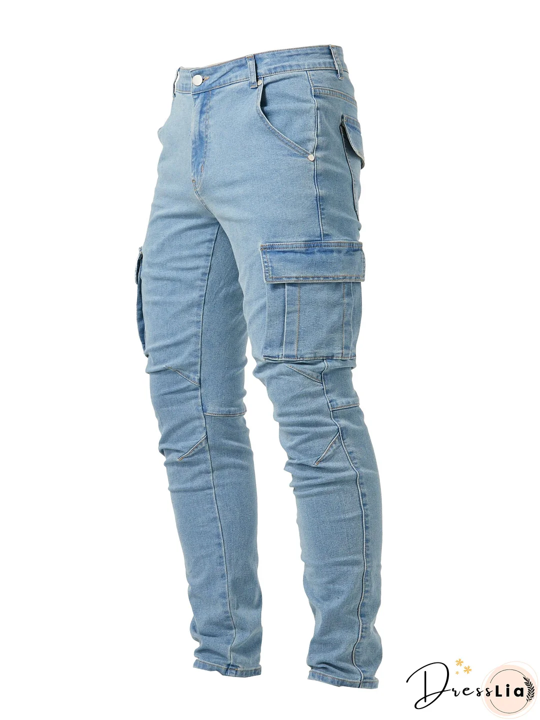 Slim Fit Multi Pocket Jeans, Men's Casual Street Style High Stretch Denim Cargo Pants