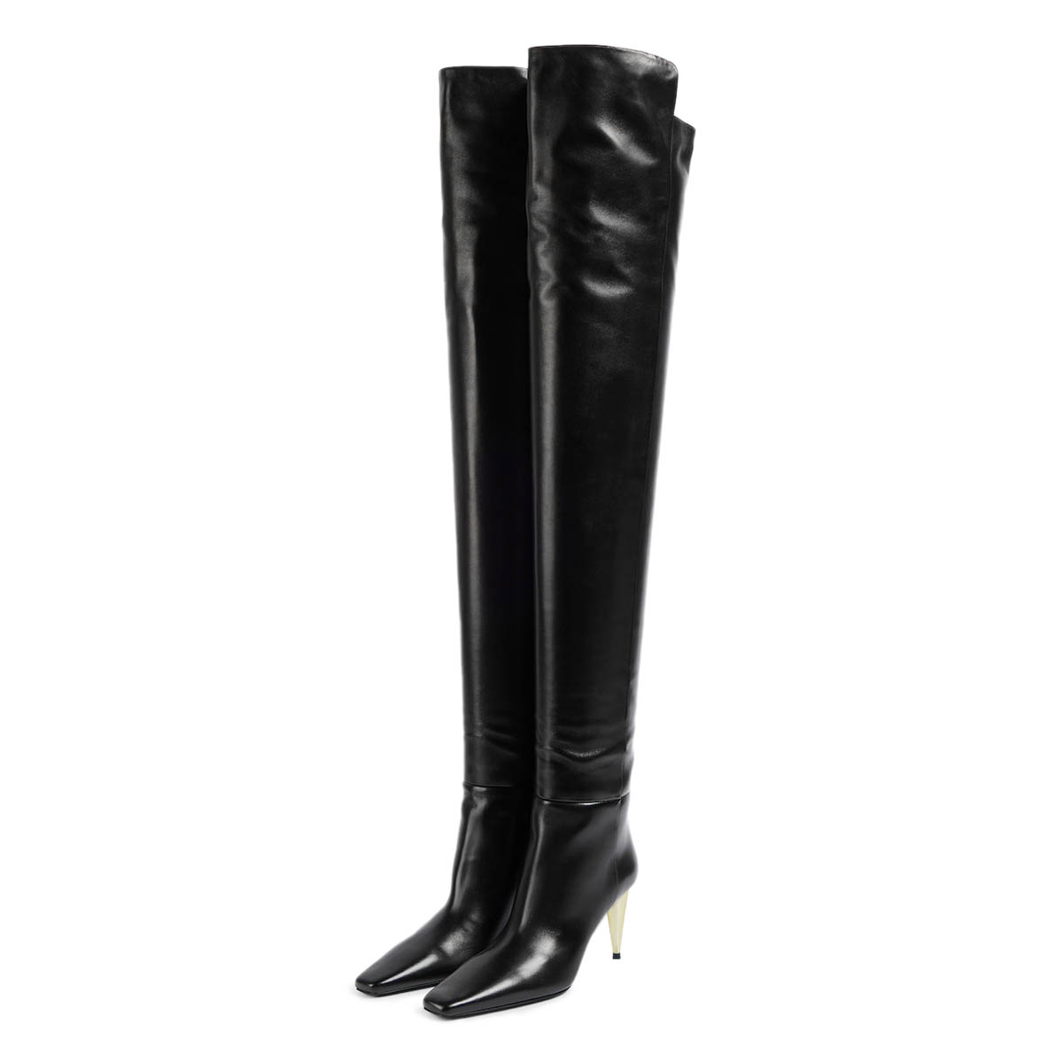 Black Vegan Leather Square Toe Thigh High Boots with Gold Cone Heel Nicepairs