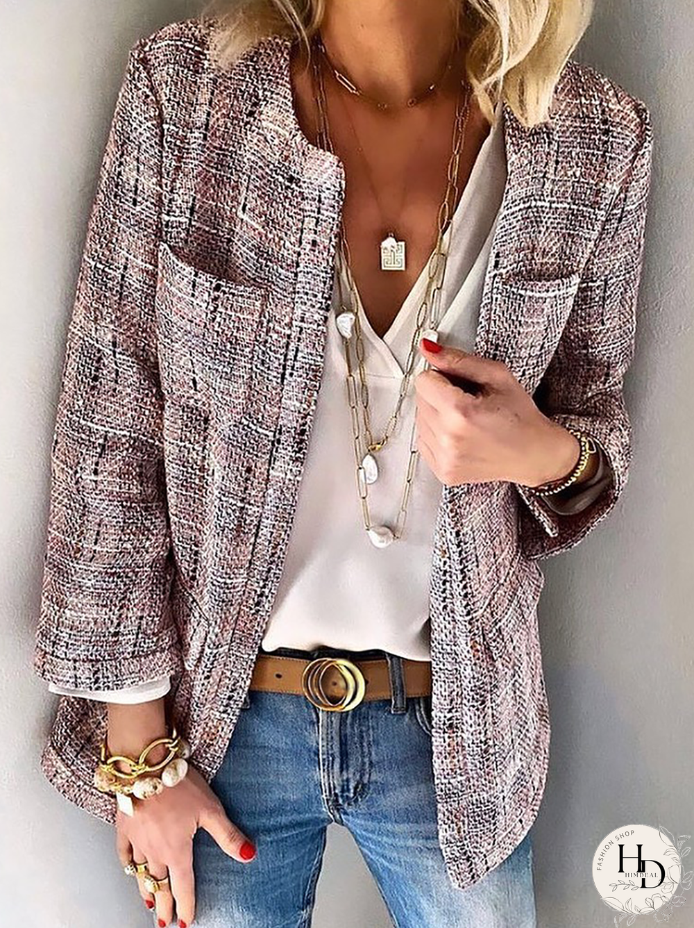 Plus size Tweed Casual Plaid Long Sleeve Outerwear