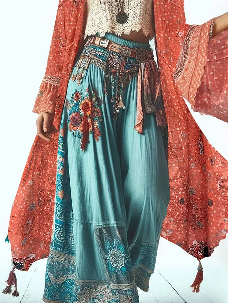 Casual Elastic Waist Floral Embroidery Wide Leg Pants