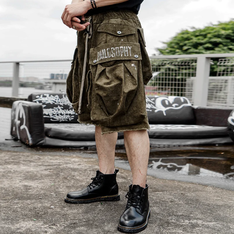 Retro Military Distressed Washed Loose Elastic Pulled Waist Shorts