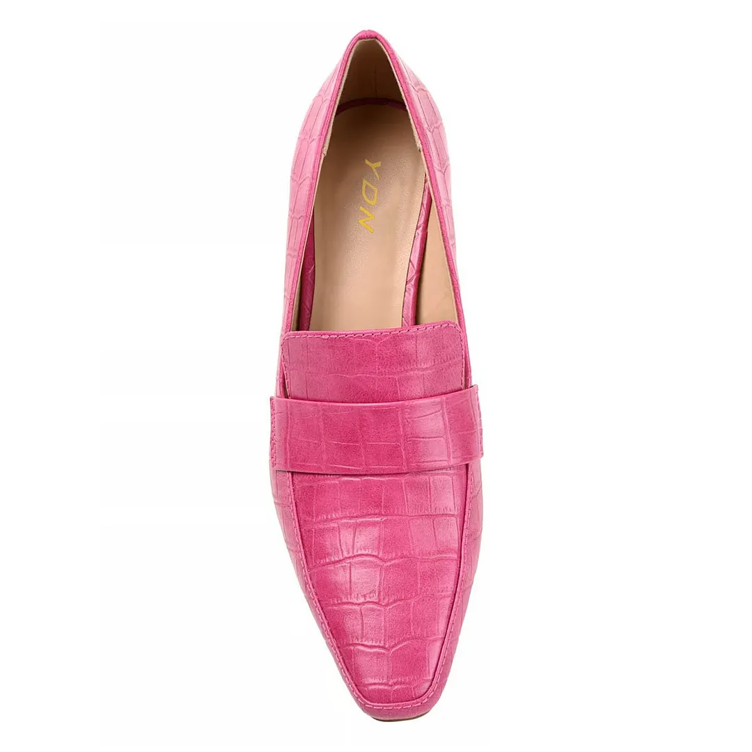 Hot Pink Square Toe Kitten Heeled Loafers Women with Croc Embossed