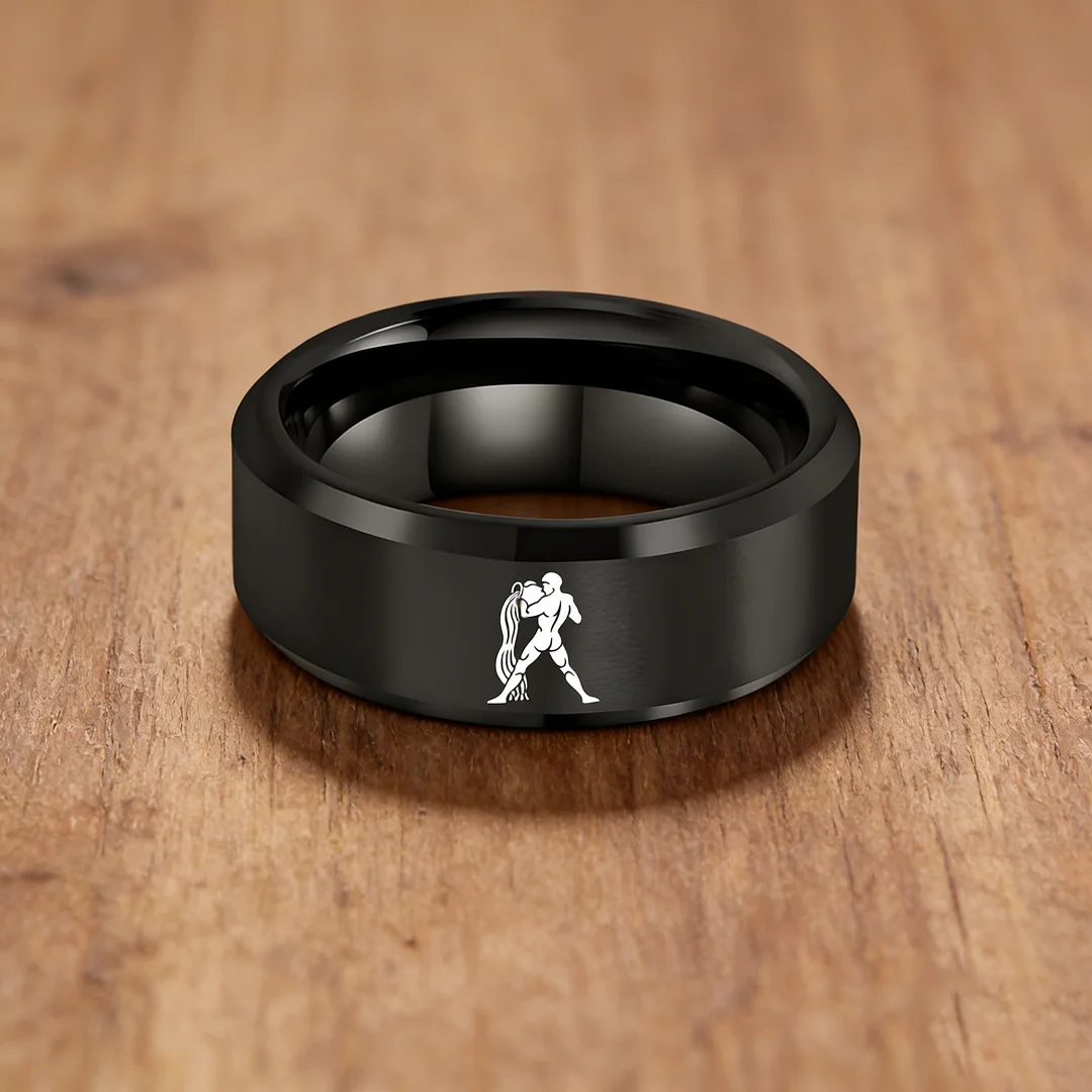 Beveled Edges Black Laser Etched Tungsten Carbide Rings Black Aquarius Couple Wedding Band 4MM 6MM 8MM