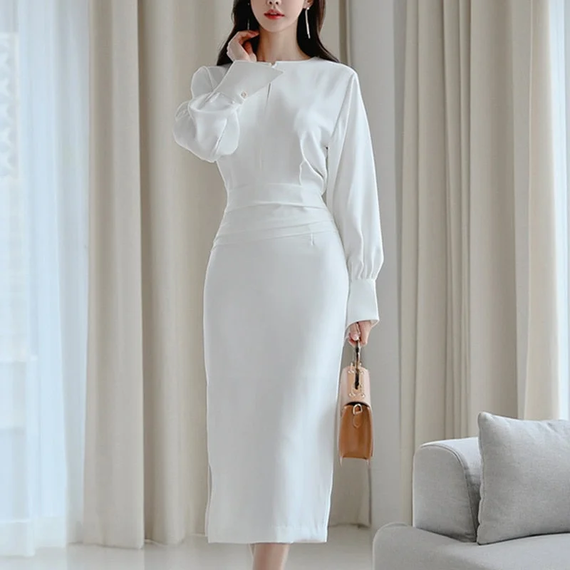 Women Chic Design Midi Dress Elegant Casual Office Lady High Wasit ...