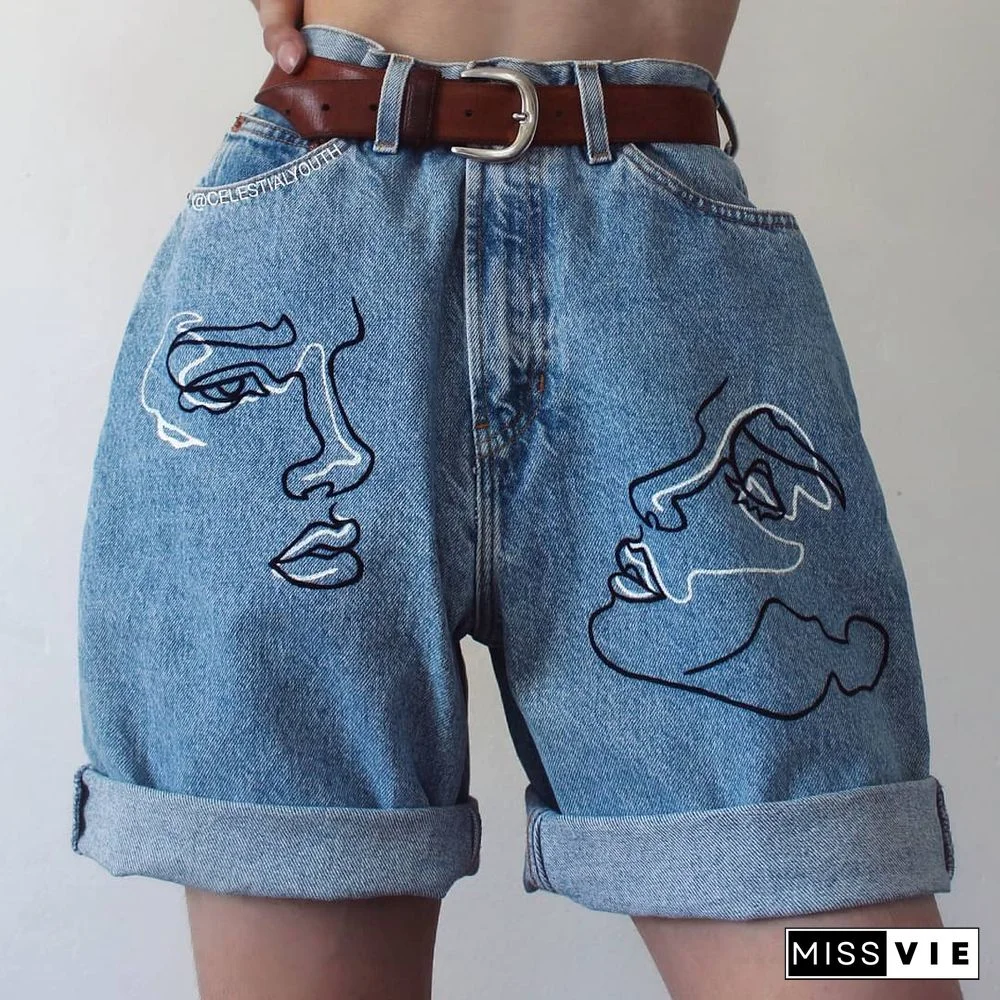 Summer Fashion Printed Denim Shorts