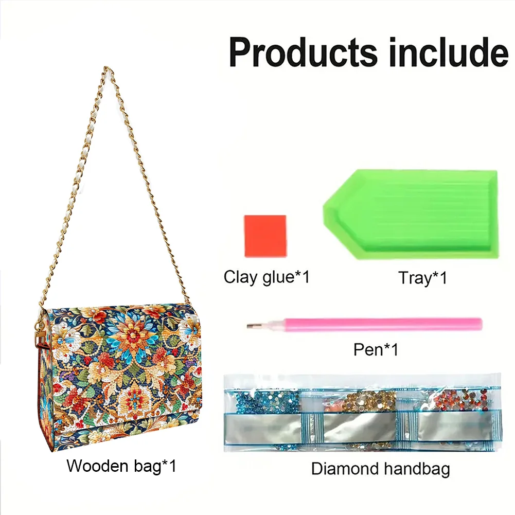 DIY Flowers Diamond Art Wooden Coin Pouch with Chain 5D Diamond Painting Purse