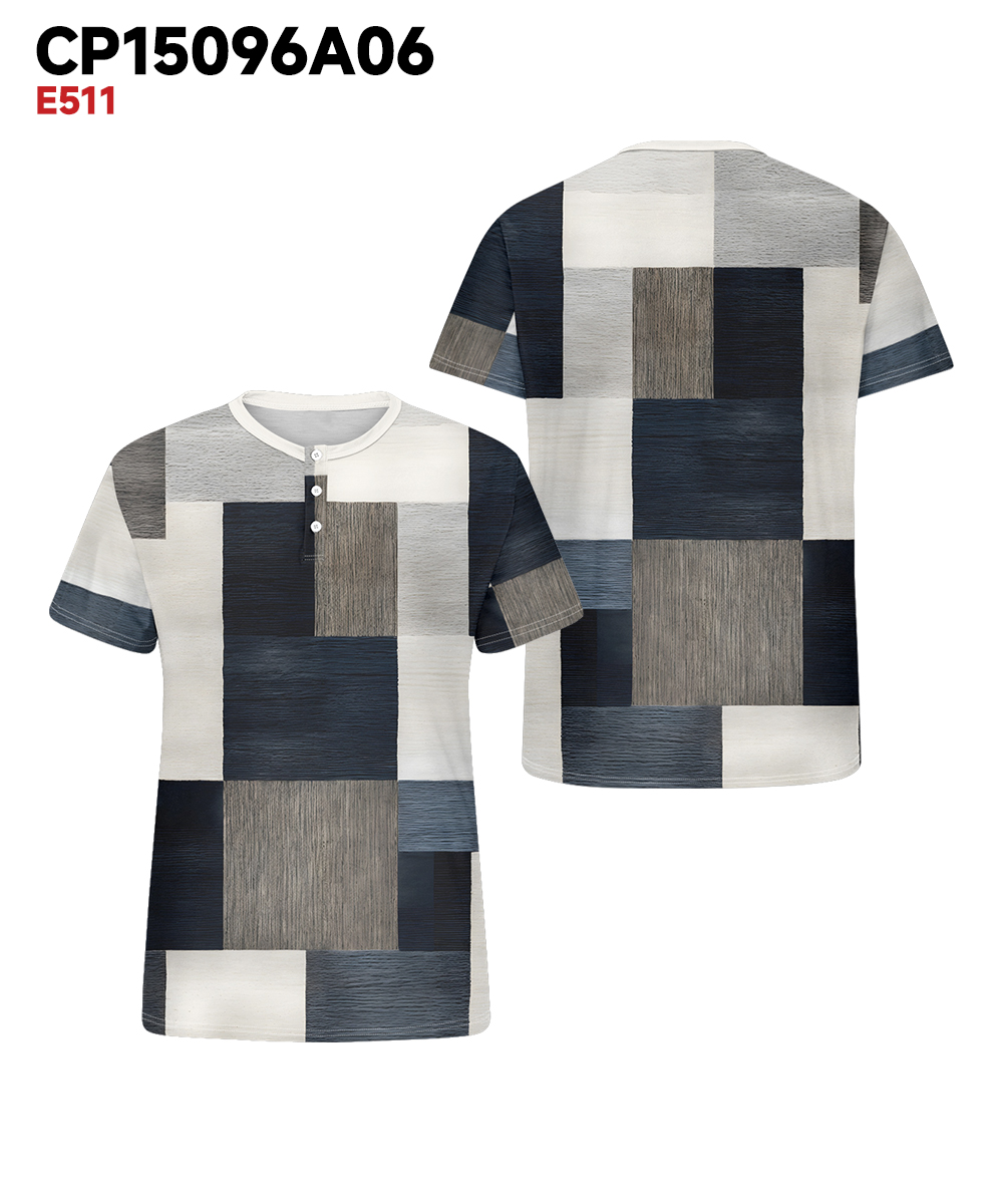 Men's Plus Size Daily Casual Blue And White Grey Geometric Print Henry Collar Button Short Sleeve T-Shirt
