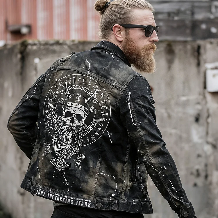Men's Vintage Viking Skull Runes Art Denim Jacket