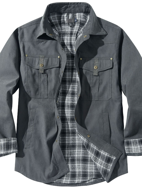 Men's Western Cowboy Twill Outdoor Flannel Lined Plaid Brushed Lining Shacket Shirt Jacket 
