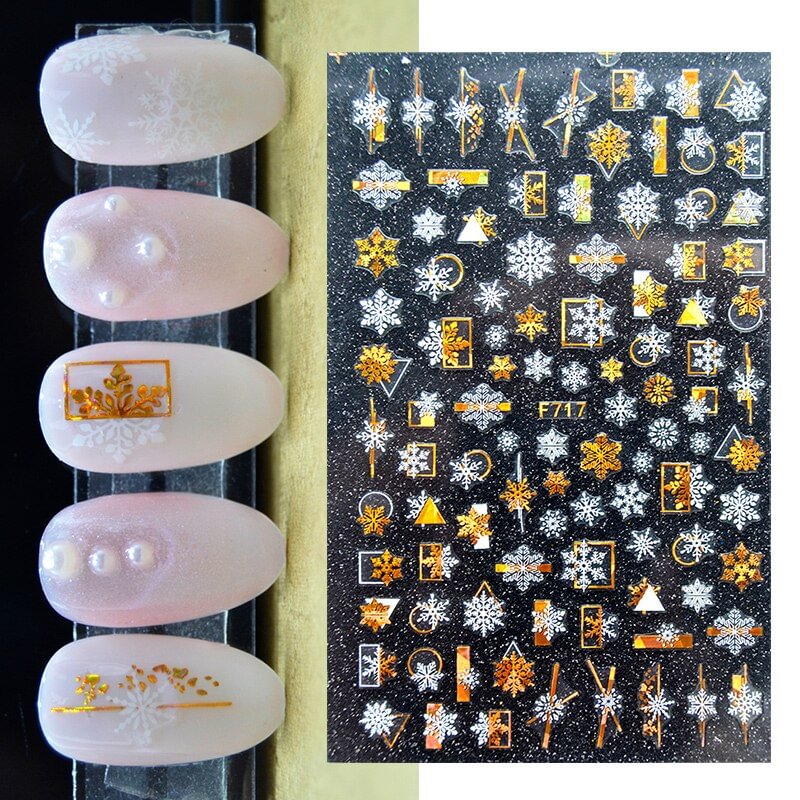 Agreedl 3D Christmas Slider Nail Art Decoration Stickers Sparkly Gold White Colorful Glitter Geometry Snowflake Winter Slider Nail Foils