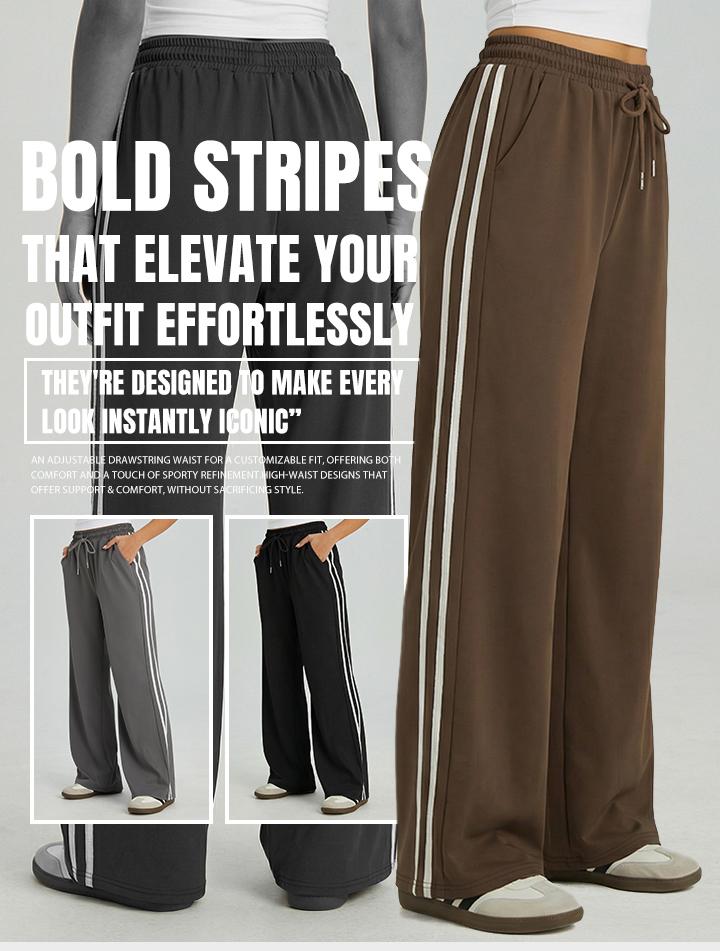 KatchMe Women's Casual High Waist Striped Wide Leg Trousers, Sporty Drawstring Waist Side Pocket Outfit, Minimalist Versatile Women's Bottom