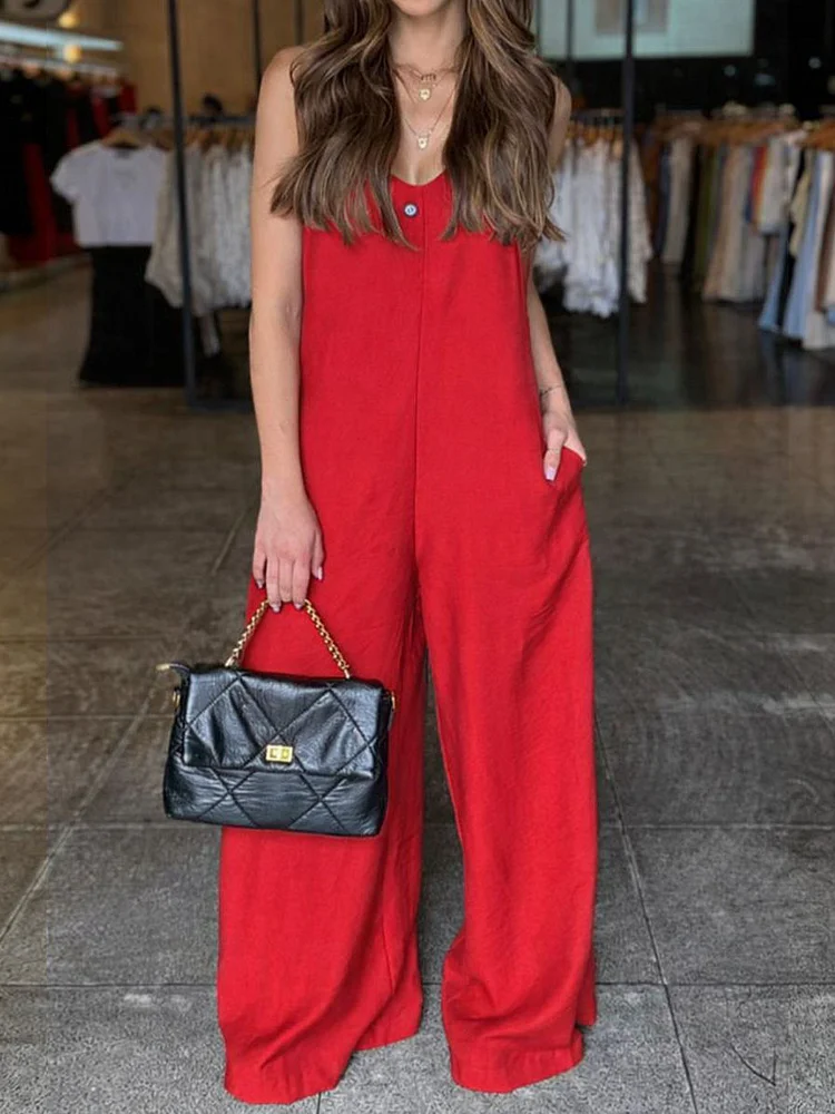 Women's Solid Color V-neck Sleeveless Casual Loose Cotton And Linen Jumpsuit socialshop