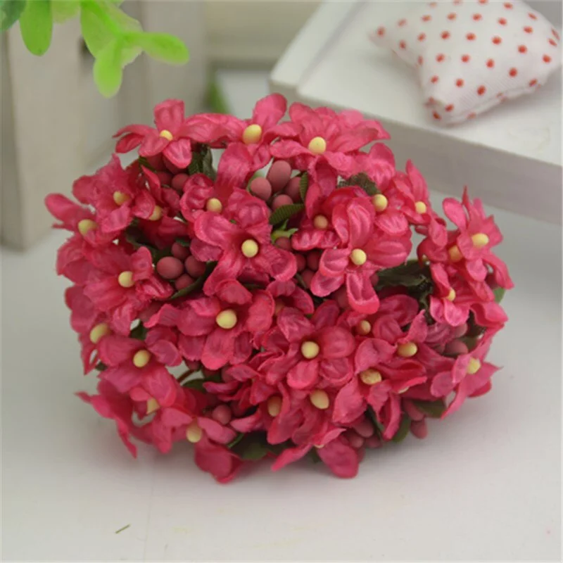12pcs/lot Cherry Plum Mini Blossom Artificial Silk Baby Breath Bouquet Stamen DIY Scrapbooking Wreath Wedding Decorations