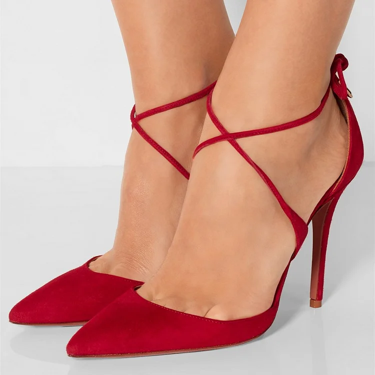 Women's Red Strappy Heels Pointy Toe Stilettos Pumps |FSJ Shoes