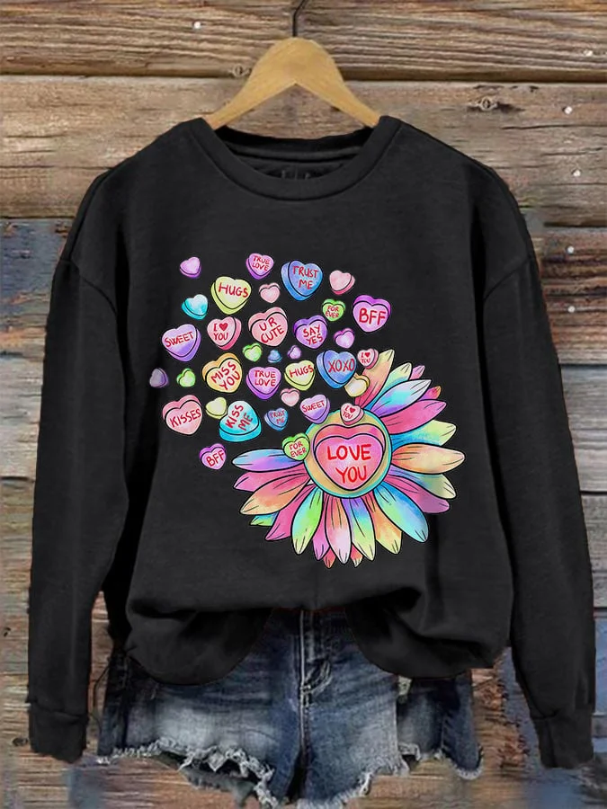 Women's Valentine's Day LOVE YOU Sunflower Candy Print Sweatshirt