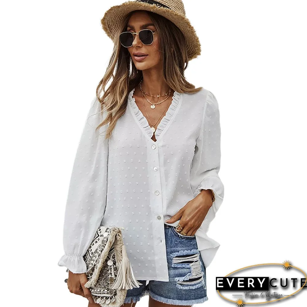 White Ruffle Detail Button V Neck Shirt
