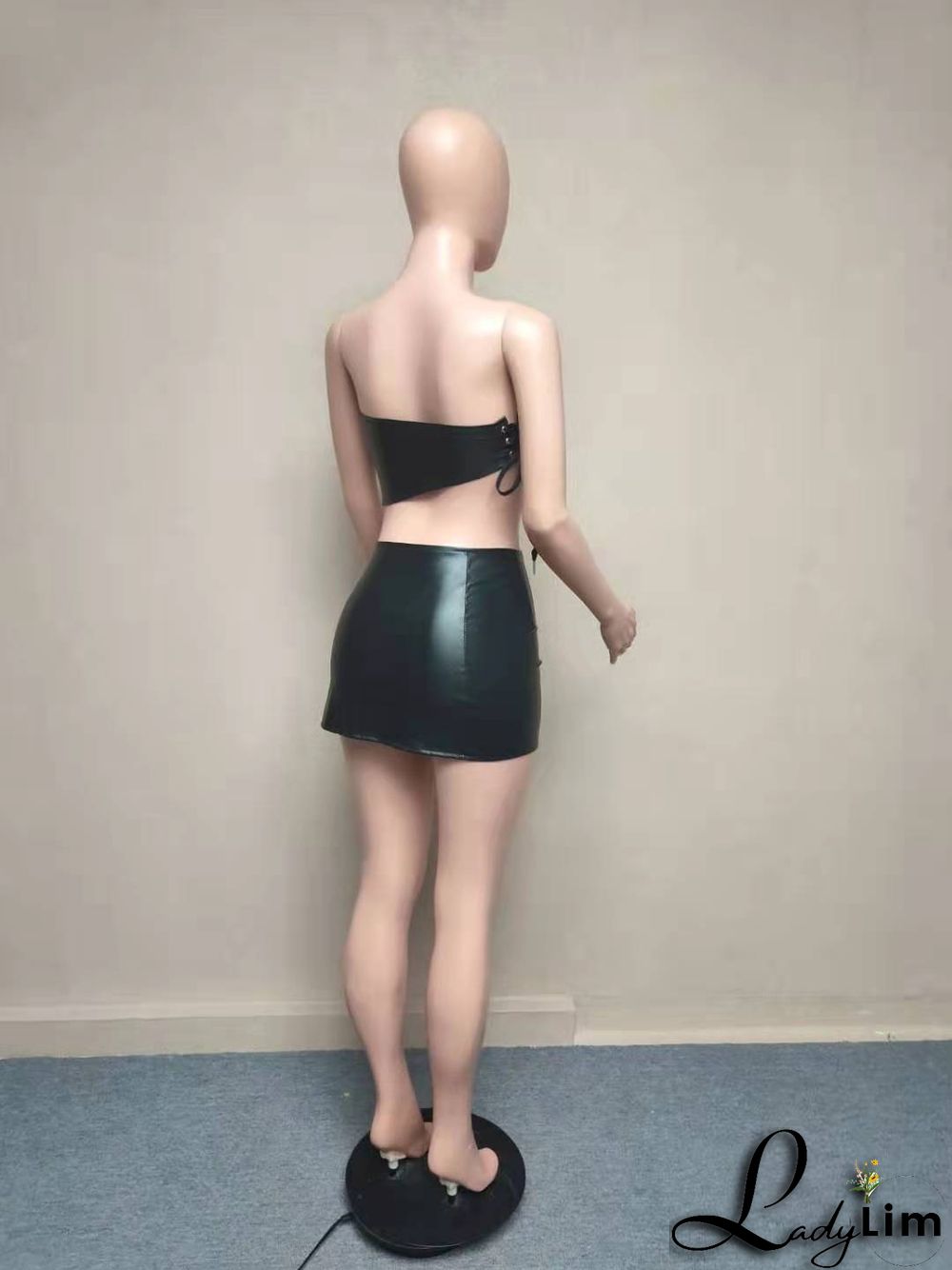 Womens Sexy Pu-Leather Strapless Top+ Lace-Up Mini dress Irregular Two Piece