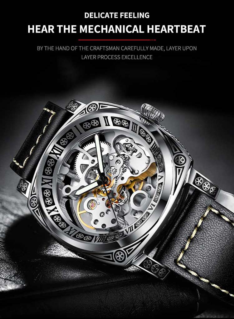 AIERSHI 44865 fashion black men mechanical watch creative Genuine Leather Strap water resist auto date character business watch