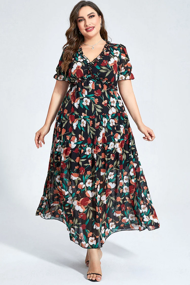 Flycurvy Plus Size Casual Black Chiffon Floral Print Fitted Waist V Neck Maxi Dress  Flycurvy [product_label]
