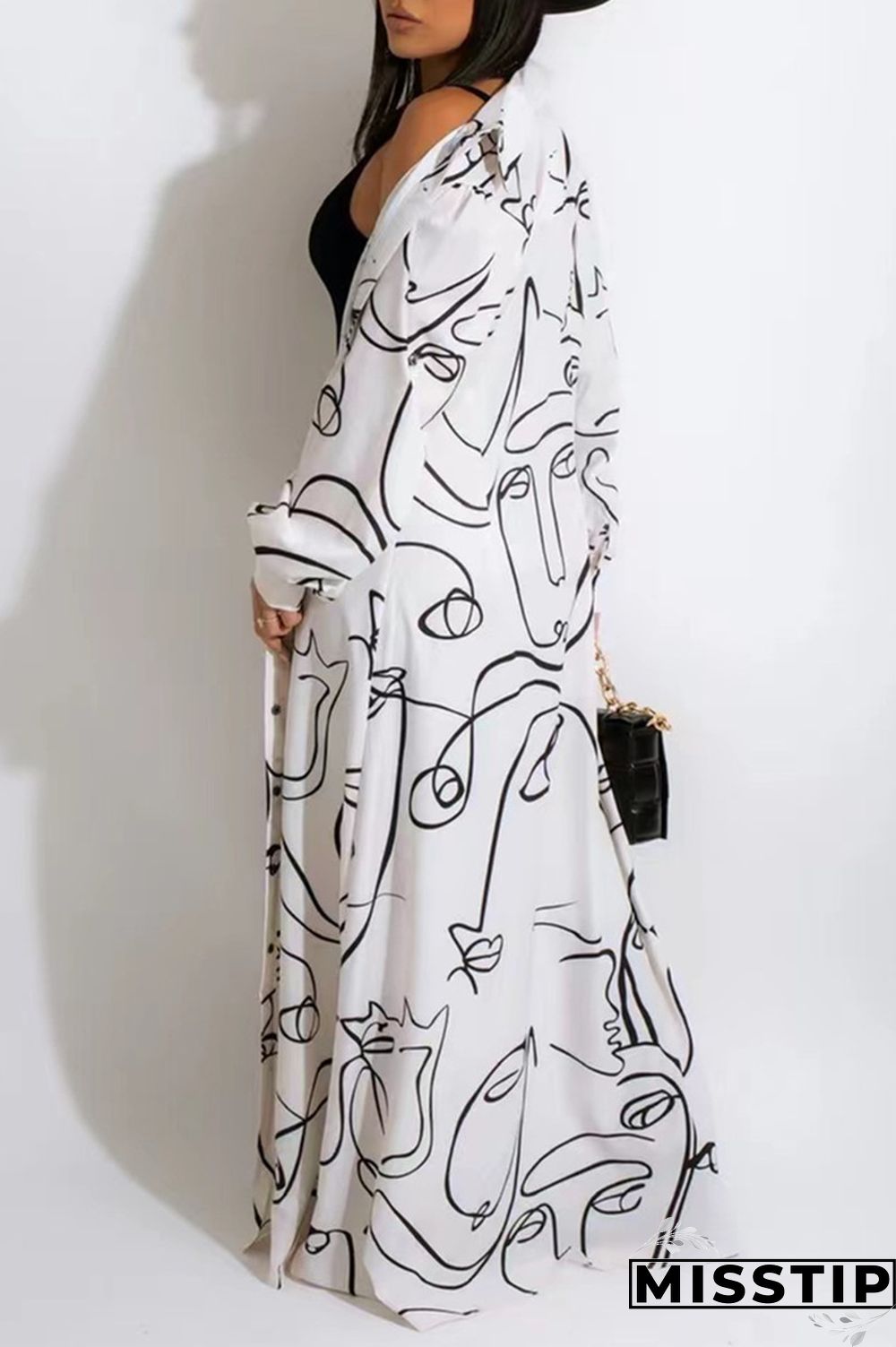 White Fashion Casual Print Basic Turndown Collar Shirt Dress (Without Belt)