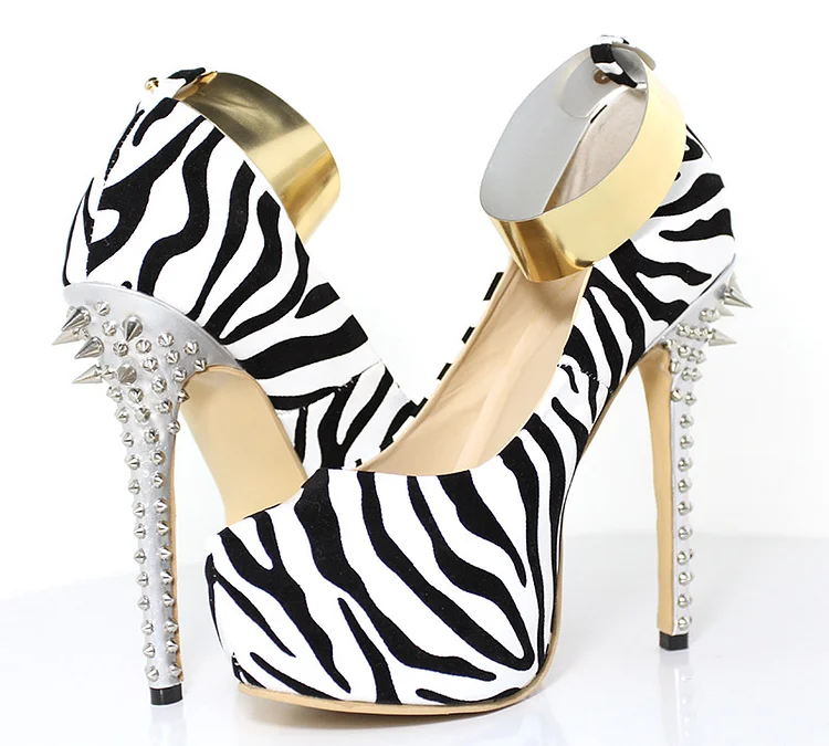 Black and White Heels Zebra Platform Pumps Rivets Ankle Strap Heels |FSJ Shoes