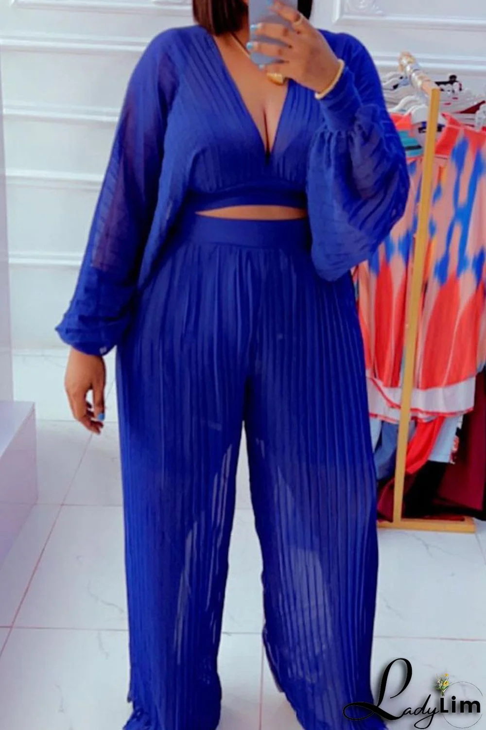 Blue Casual Elegant Solid Split Joint Fold V Neck Long Sleeve Two Pieces