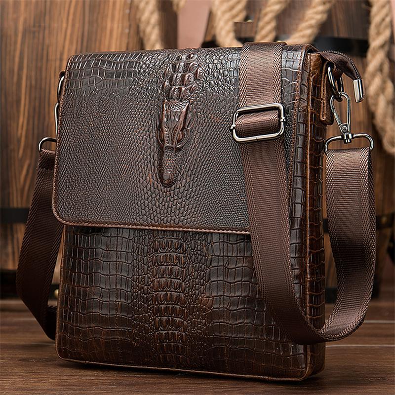 Foldover Top Detachable Sling Strap Crocodile Textured Genuine Leather Messenger Bag