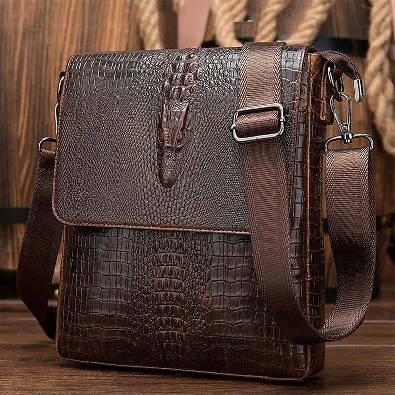 Foldover Top Detachable Sling Strap Crocodile Textured Genuine Leather Messenger Bag