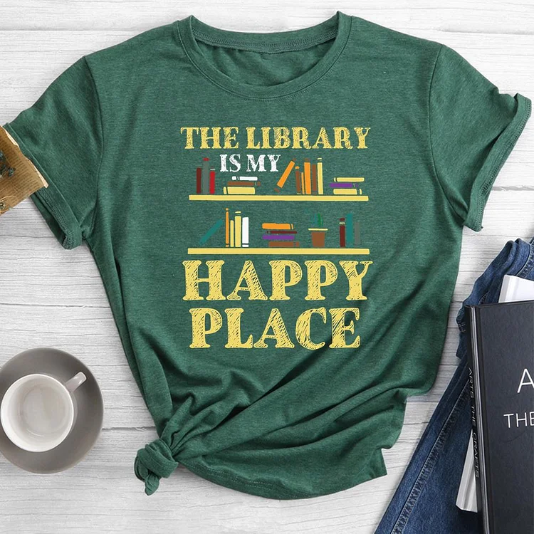 The Library Is My Happy Place Round Neck T-shirt