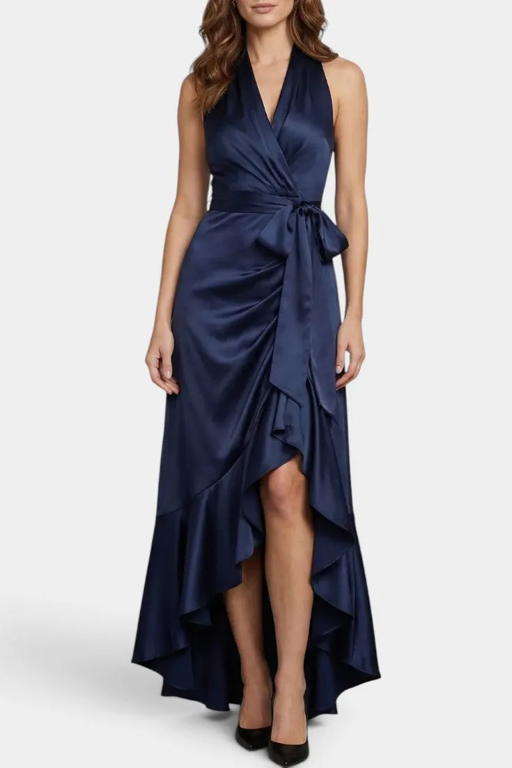 Halter-Neck Satin Maxi Dress with Ruffled Asymmetry