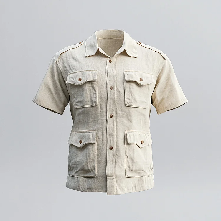 Men's Turndown Collar Short Sleeve Flap Pocket Safari Shirt