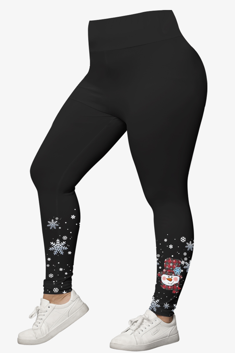 Flycurvy Plus Size Christmas Black Snowman Snowflake Plaid Print Legging 2024 - Flycurvy 