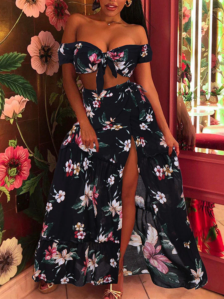 Off Shoulder Crop top Floral Skirt Set Floral Dress