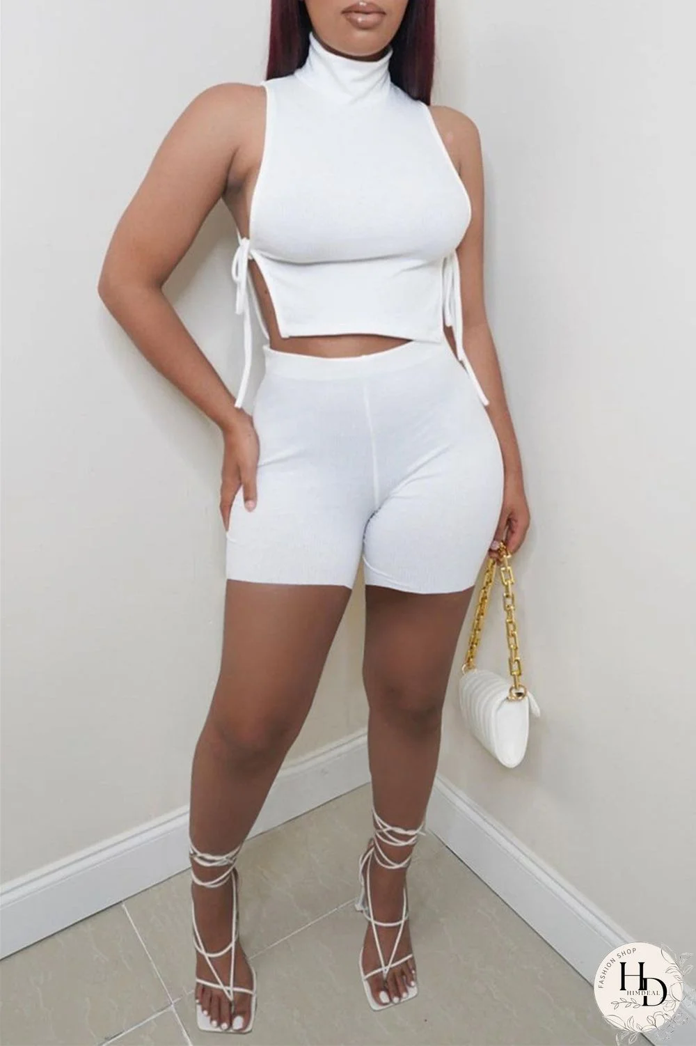 Water Blue Fashion Casual Solid Strap Design Turtleneck Sleeveless Two Pieces