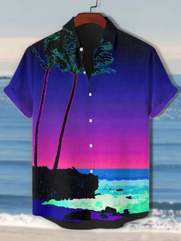 Men's Beach Vacation Coconut Tree Gradient Color Art Print Casual Shirt