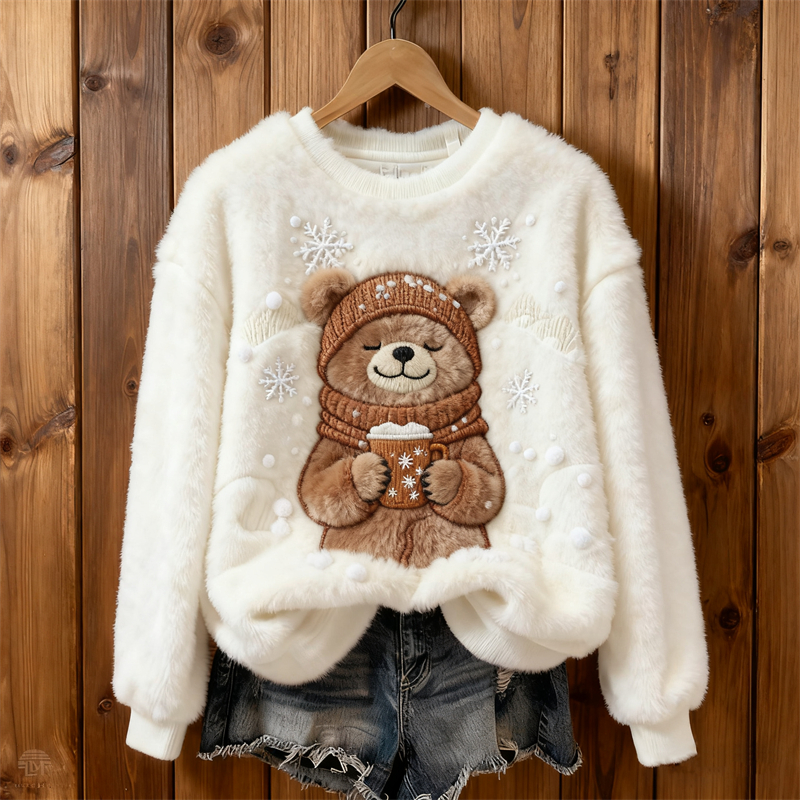 Cozy Bear With Hot Drink Snowflakes Embroidered Plush Sweatshirt elevenforest