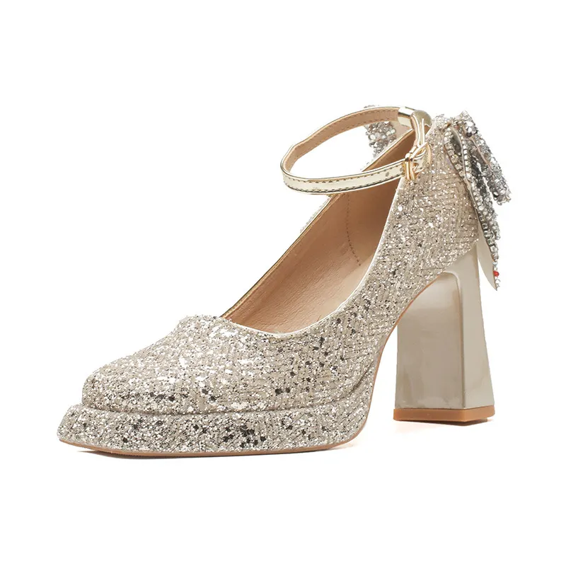 Churchf Churchf Thick Heel One-Word Buckle Waterproof Platform Mary Jane High-Heeled Shoes Wedding Shoes Bridesmaid Shoes Sequins Hollow Single Shoes Women