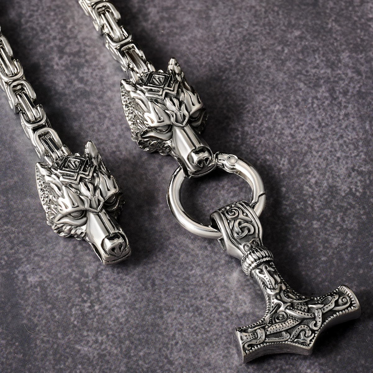 Thor's Hammer Titanium Steel Pendant Necklace with Rune - Embellished Wolf - Head Chain