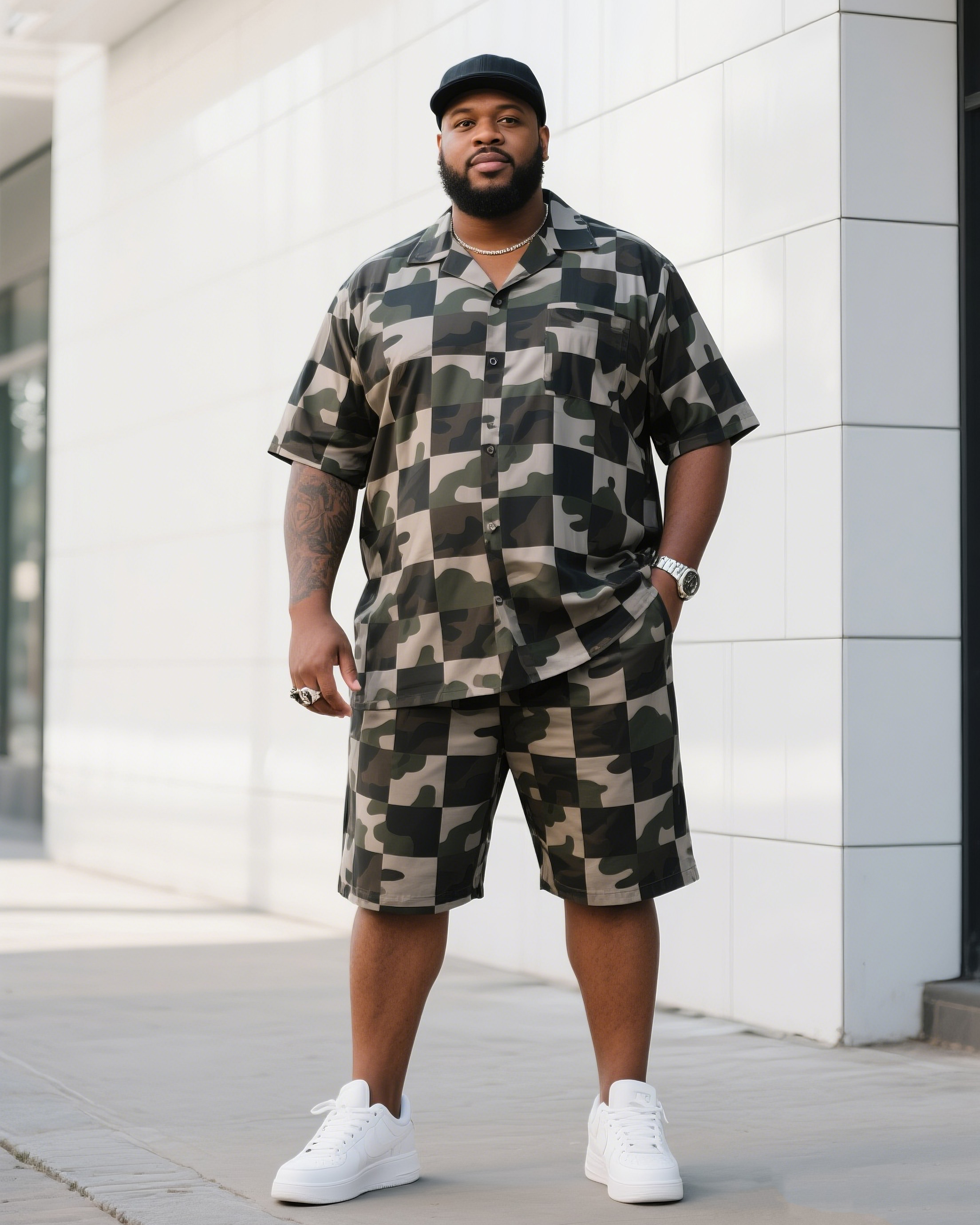 Big Man's Daily Leisure Outdoor Activities Square Irregular Creative Camouflage Short Sleeve Shirt Shorts Suit