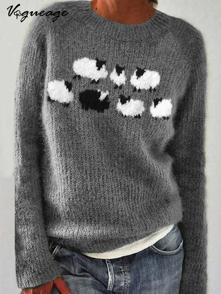 Fashion Black and White Sheep Casual Long Sleeve Knitted Sweater