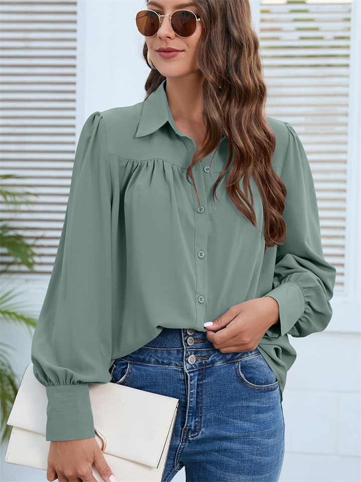 Solid Color Chiffon Shirt Women's Shirt Pleated Long-sleeved Blouse
