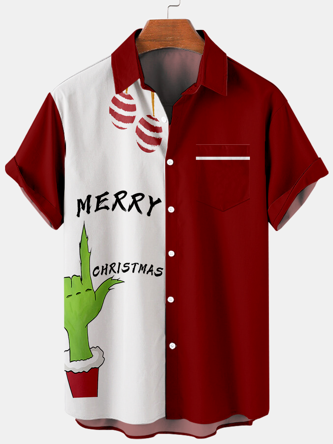 Men Contrast Color Merry Christmas Finger Print Pocket Front Short Sleeves Shirt PLUSCLOTHESMAN
