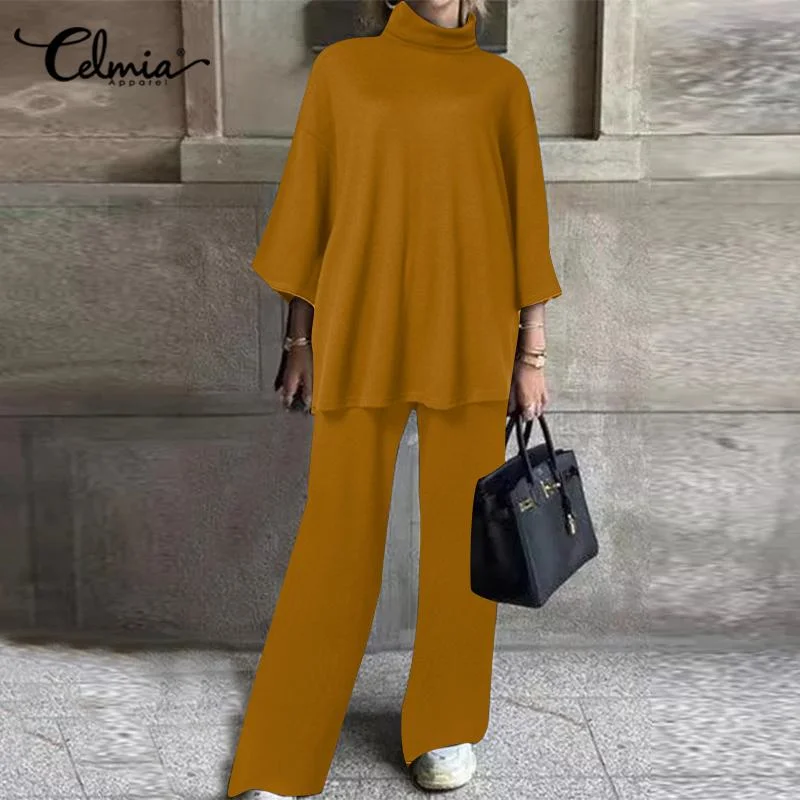 Celmia 2022 Fashion Women 2 Pieces Autumn Pant High Set Collar 3/4 Sleeve Tops and Wide Leg Long Pants Casual Loose Solid Suits