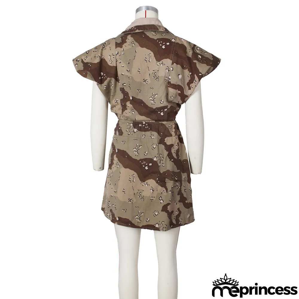 Sleeveless High-cut Camouflage Casual Skirts Set