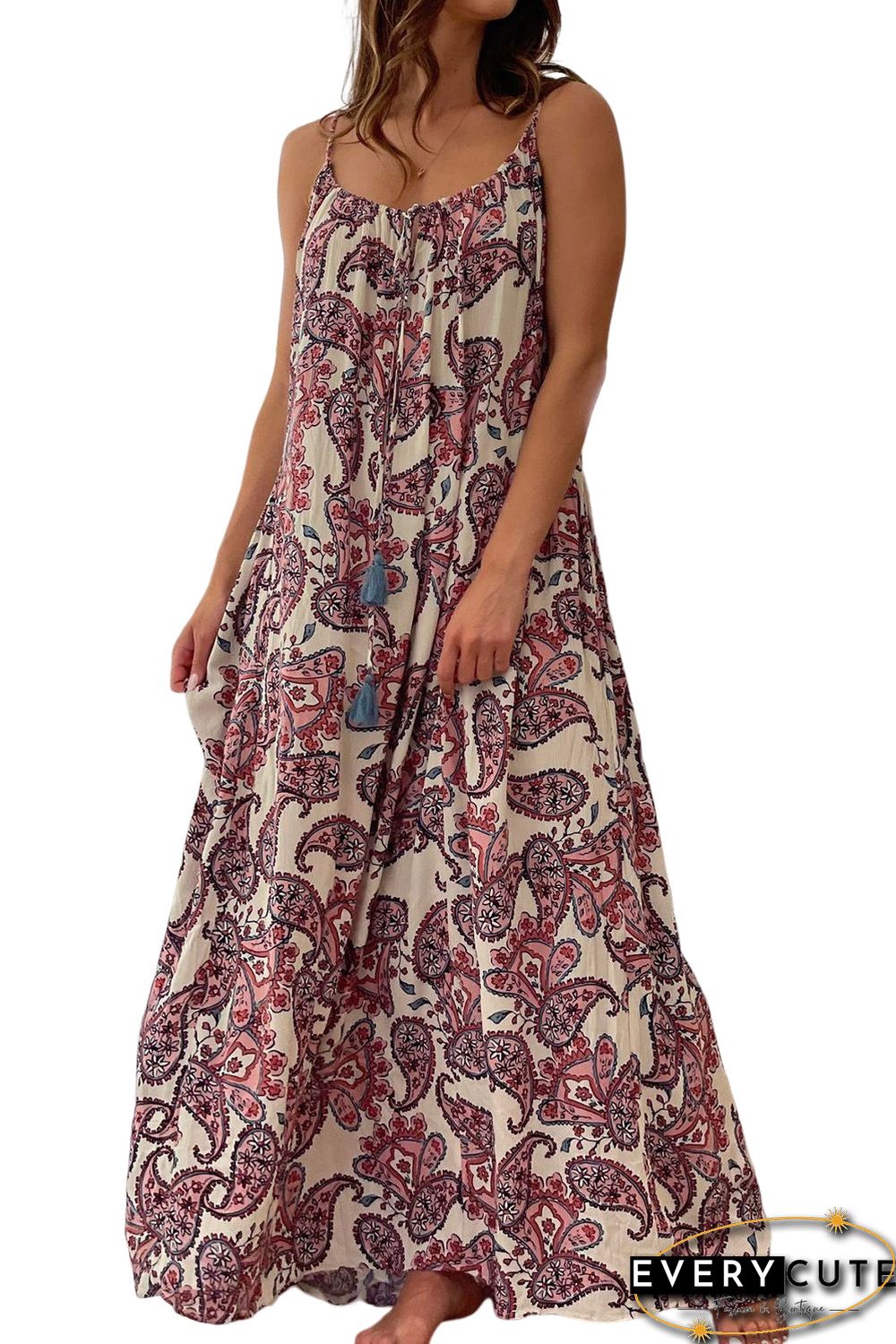 White Boho Paisley Print Spaghetti Straps Maxi Dress
