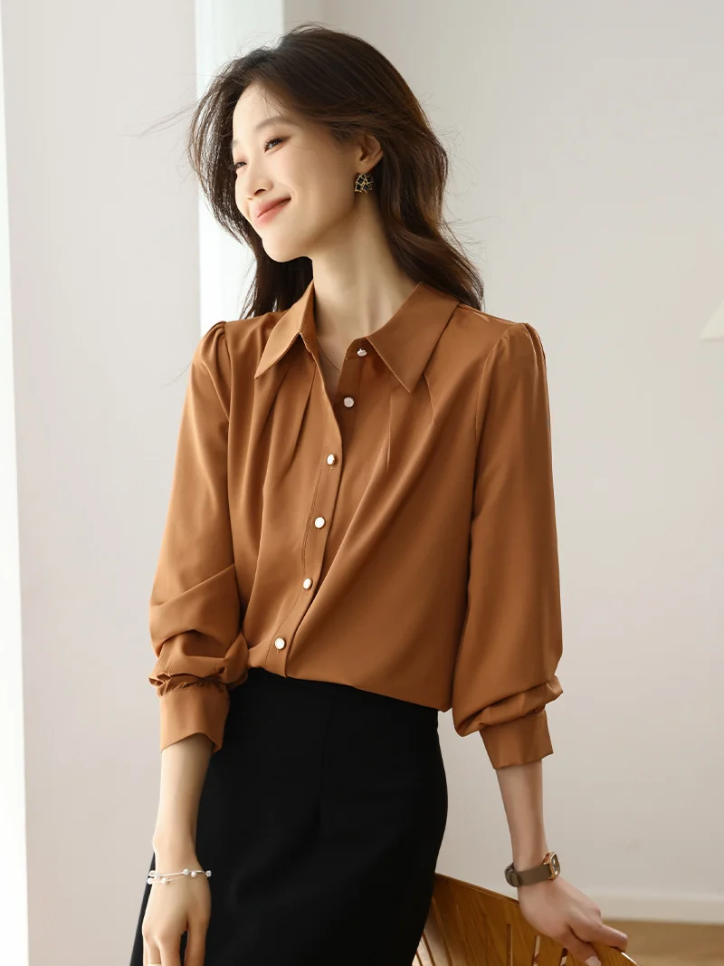 Athvotar Athvotar 2025 New Solid Color Repair Body Clothes Thin Fashion Shirt Elegant Commute OL Chiffon Shirt