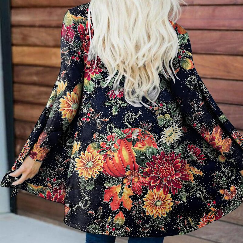 Floral Pumpkin Pattern Women's Loose Cardigan