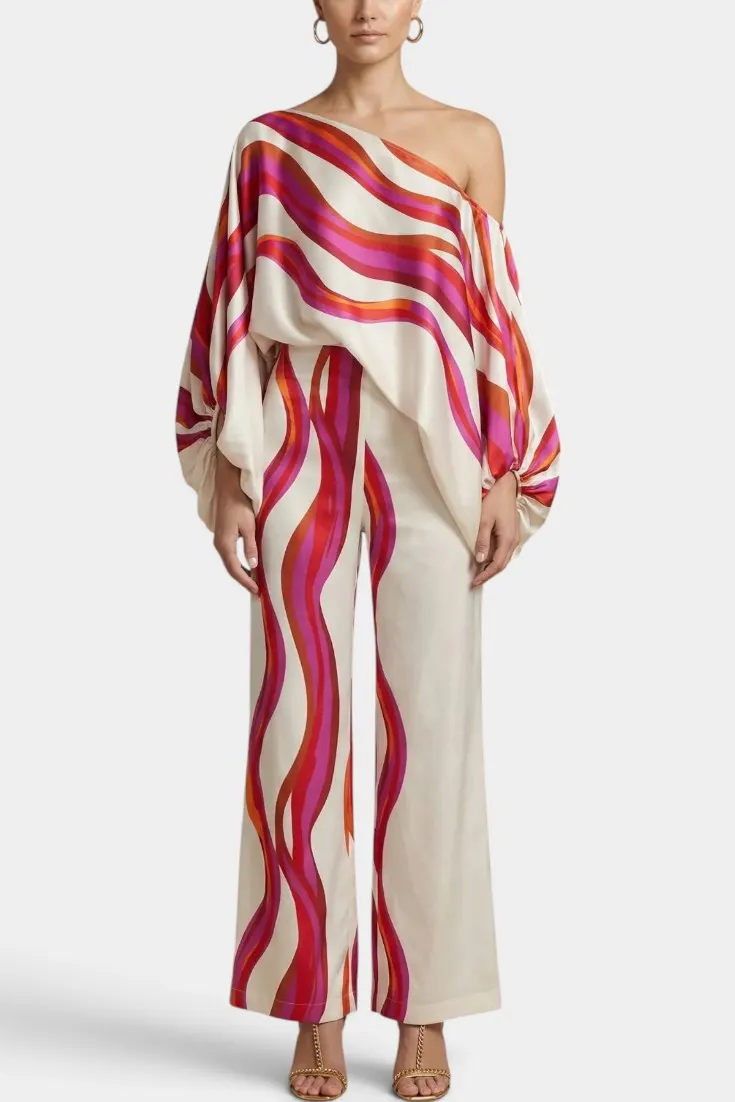 Asymmetrical Print One-Shoulder Jumpsuit with Wide Legs