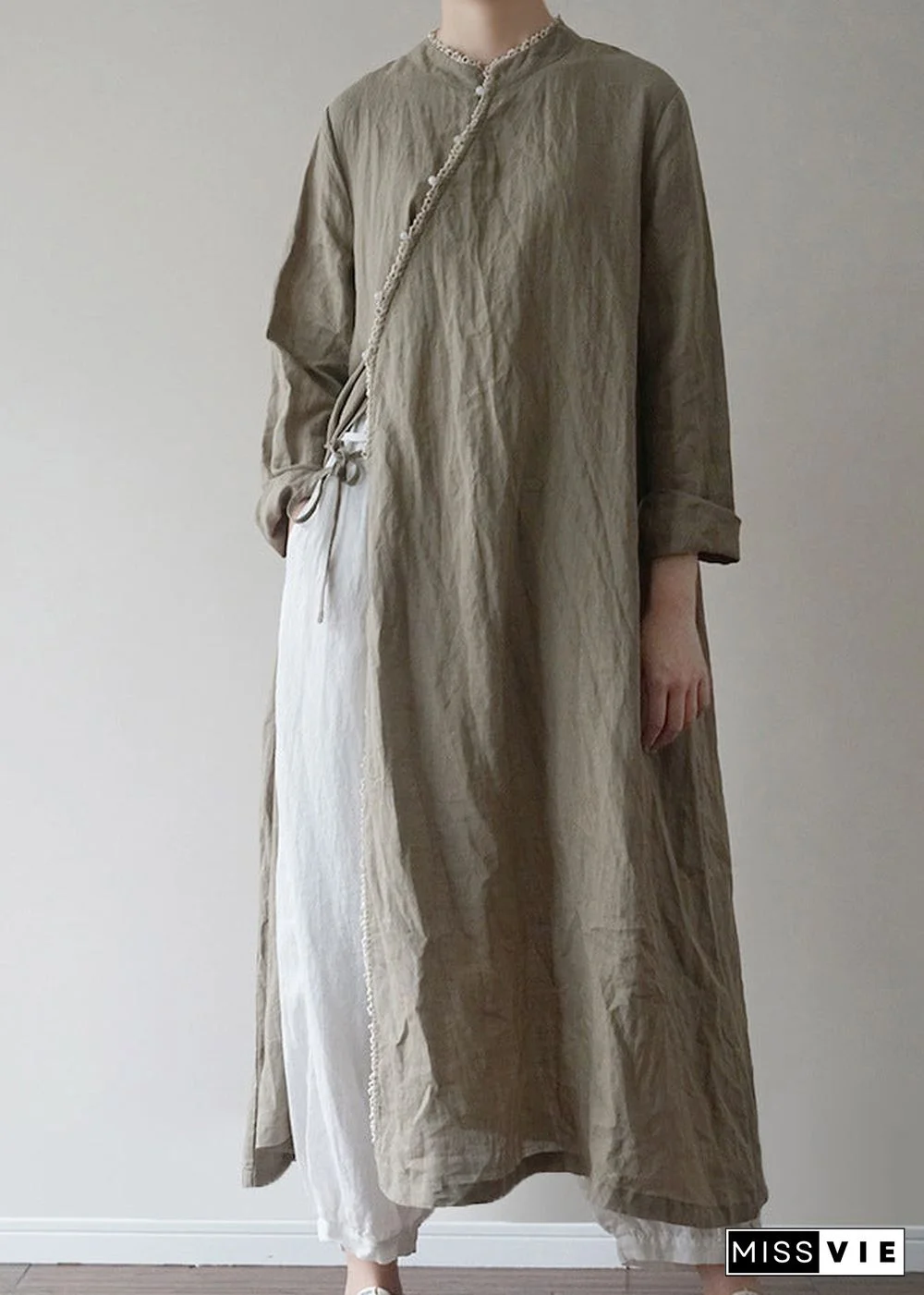 Chinese Style Green tie waist Linen Long Dresses Long Sleeve