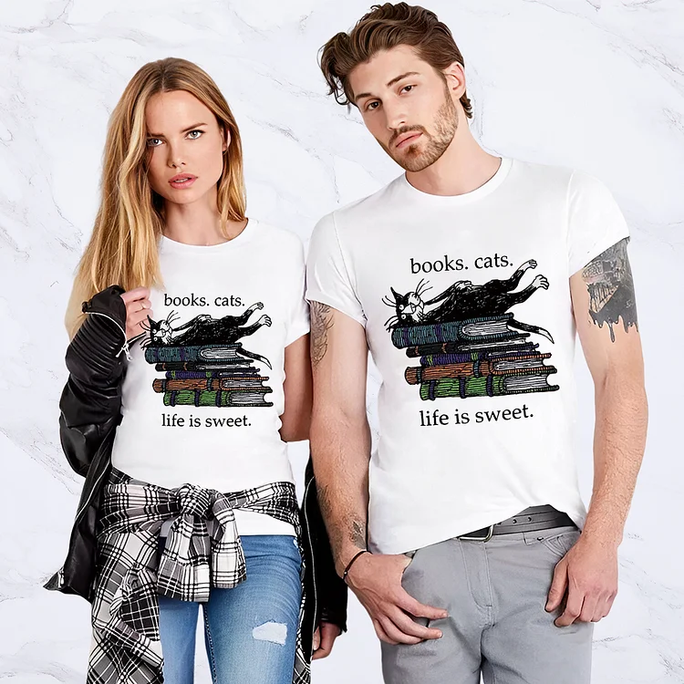 Books cats, life is sweet Men and Women Round Neck T-shirt - BSTCA0348